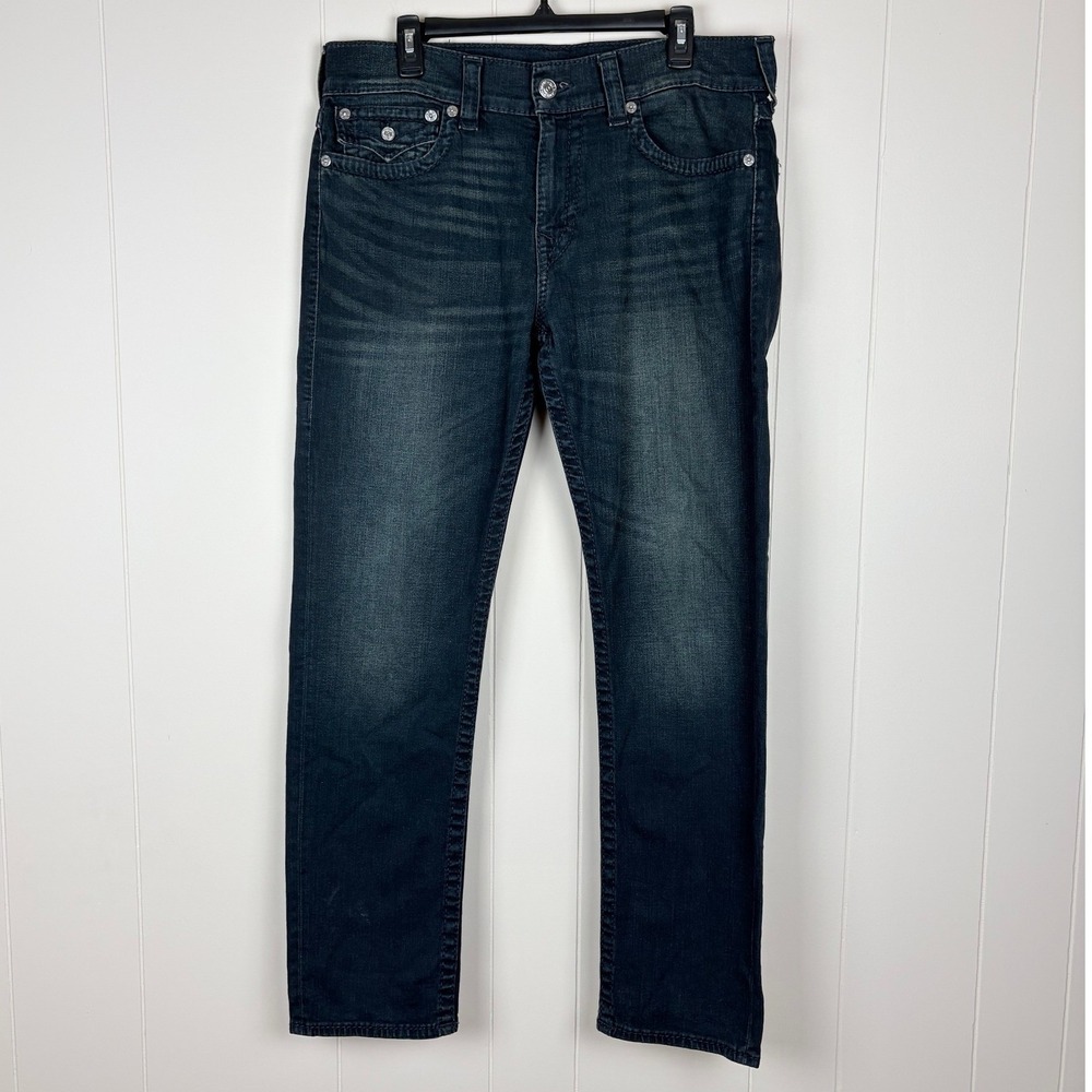 True Religion Geno Relaxed Slim Jeans Mens 33 Dark Wash Horseshoe Flap Pocket